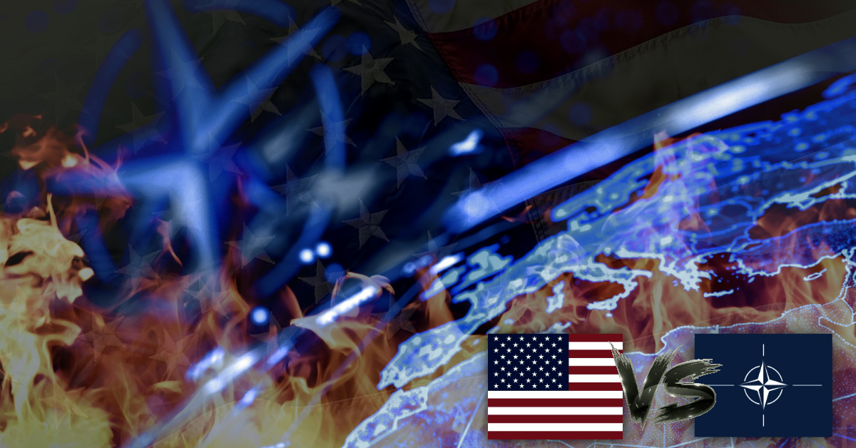 A split-screen graphic: On the left, a tattered American flag is engulfed in intense orange flames. On the right, a glowing blue digital map of Europe and NATO member states is centered under the NATO star logo. A 'VS' symbol sits between the US and NATO flags at the bottom.